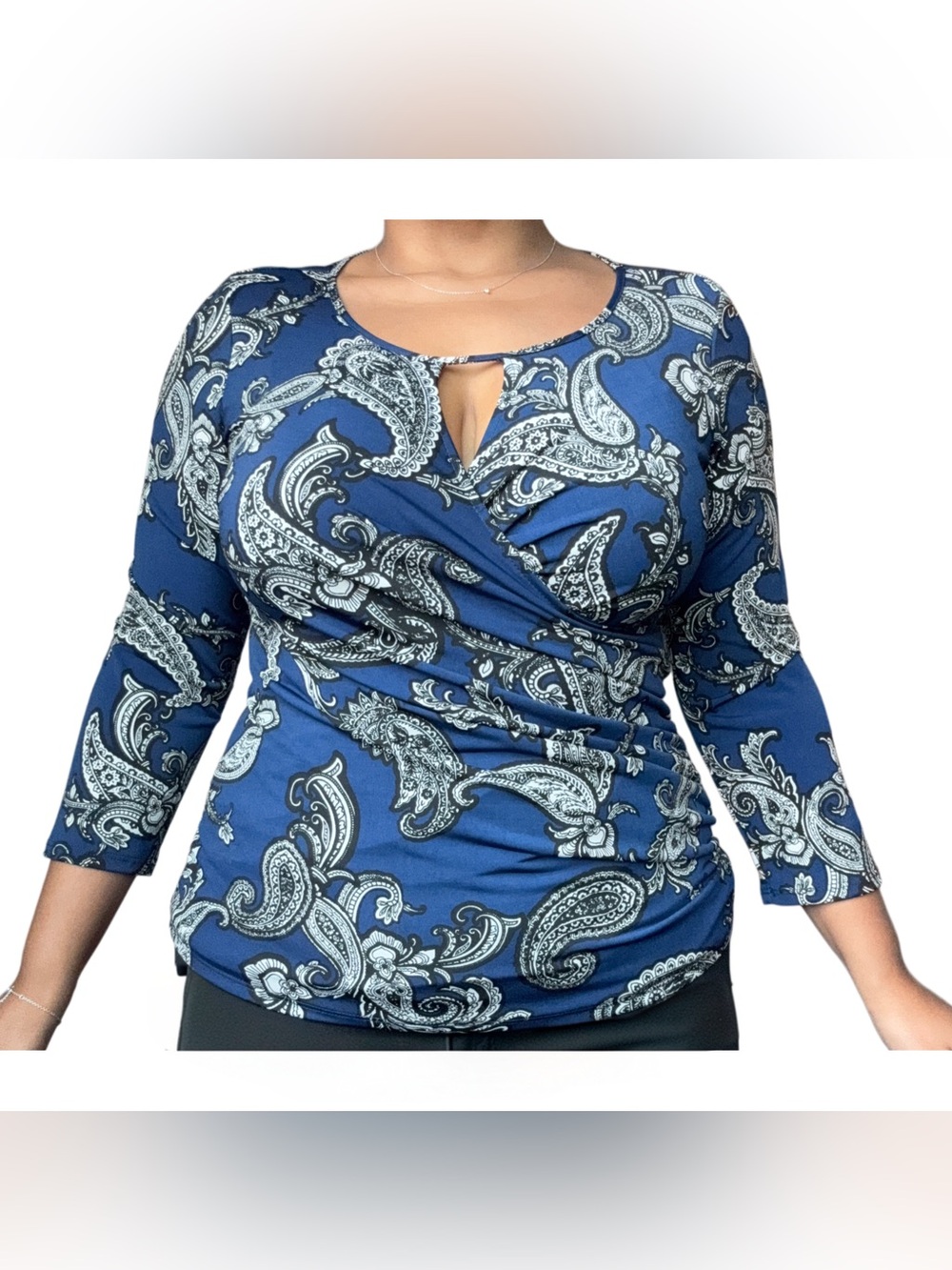 NWOT INC International Concepts Blue Paisley Wrap-Front 3/4 Sleeve Top XL